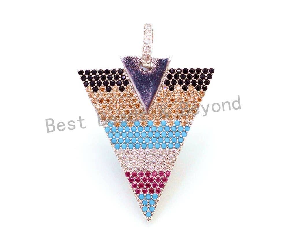 CZ Micro Pave Multi Color Triangle Pendant, Cubic Zirconia Necklace Focal Pendant, Rainbow CZ Pave Charm, 27x39mm, sku#F2