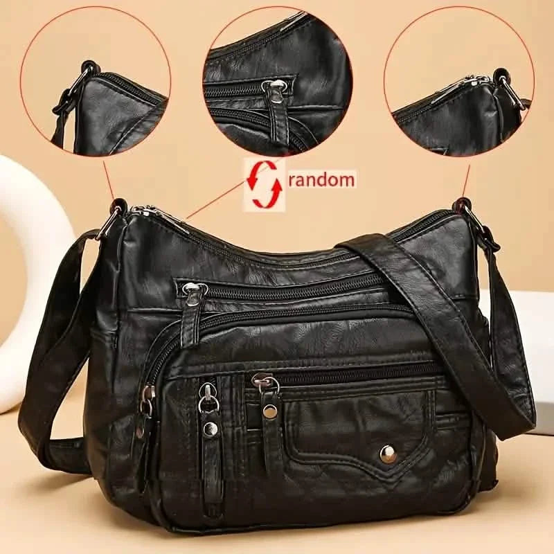 Fashion Multi Zipper Crossbody Bag, Soft Vegan Leather Shoulder Bag, Women's Multi Pockets Handbag Purse