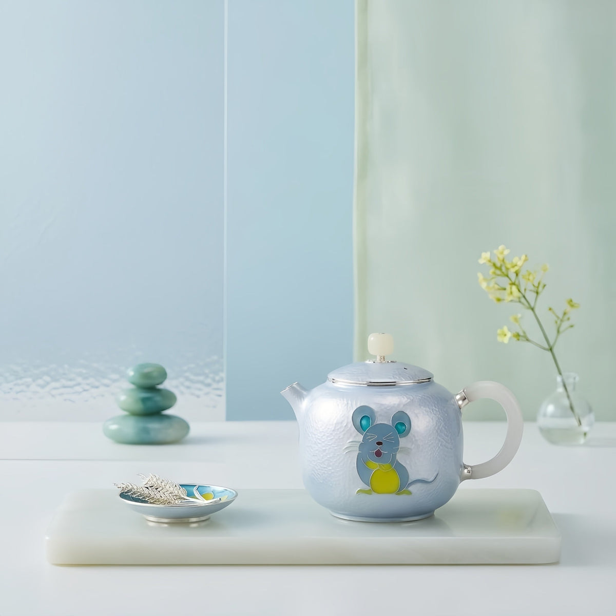 Pure 999 Fine Silver Artistic Blue Enamel Silver Teapot with Playful Mouse Motif and Jade Accents - Handicraft