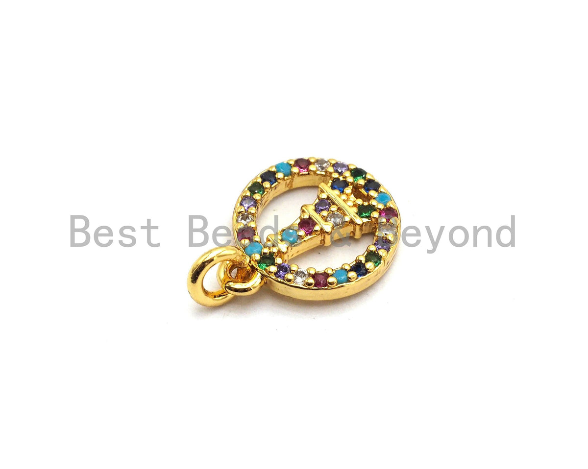 CZ Colorful Micro Pave Round With Eiffel Tower Pendant, Hollow out Round Shaped Pave Pendant, Gold plated, 10x12mm, Sku#F722