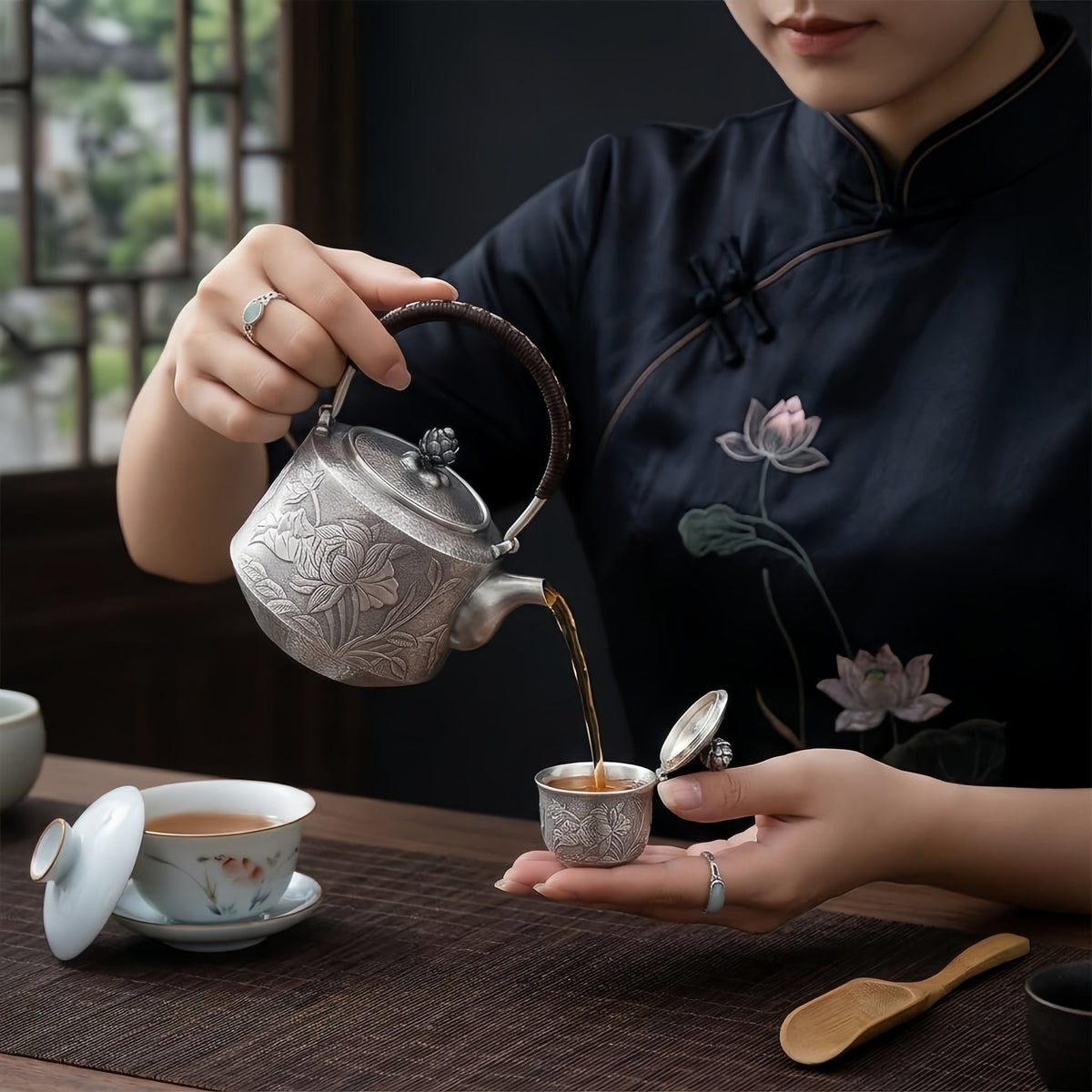 Pure 999 Fine Silver Elegant  Teapot with Handcrafted Floral Engraving, Hammered Texture, and Lotus Lid-Fine Teapot with Handle - Handicraft
