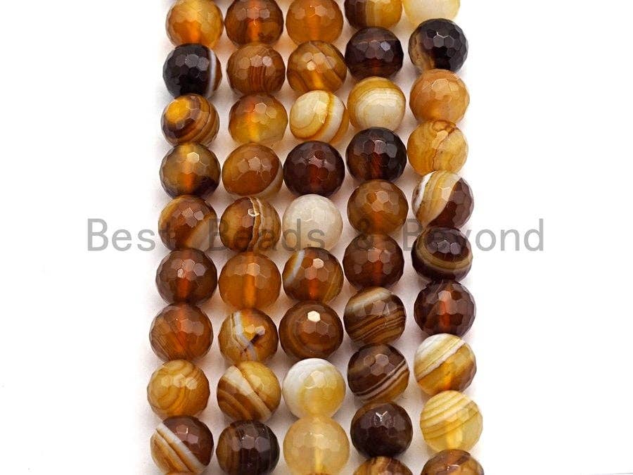High Quality Faceted Brown Yellow Banded Agate beads, 6mm/8mm/10mm/12mm Yellow Agate Gemstone beads, 15.5inch strand, SKU#U450