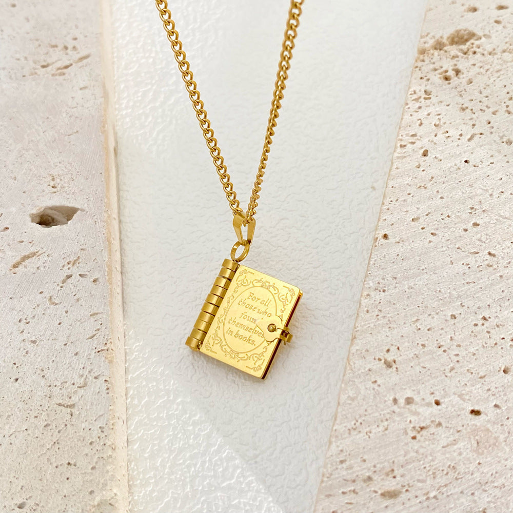 European And American 18k Gold plated Stainless Steel Openable Book Pendant Necklace