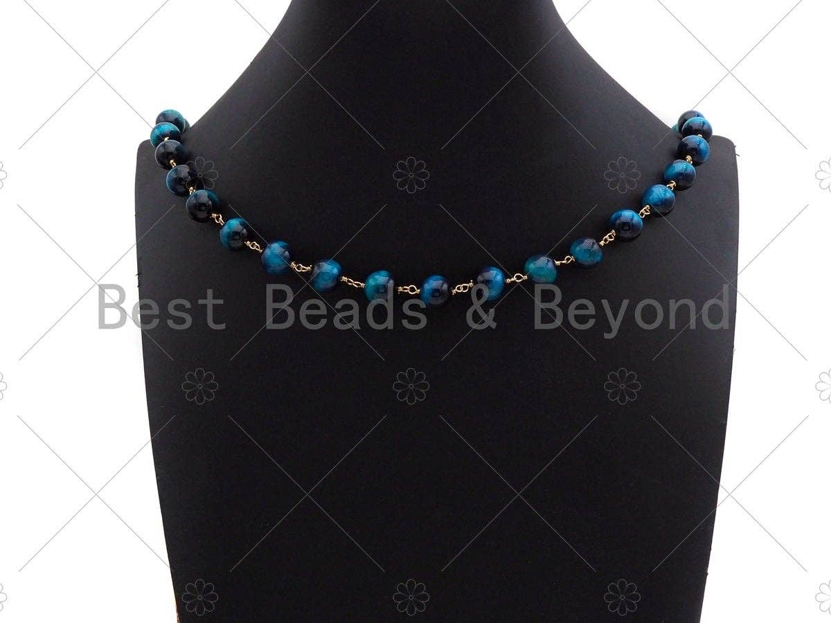 Galaxy/Teal Blue/Pruple High Quality Tiger Eye Rosary Chain, 10mm Beaded Chain, Wire Wrapped Gold Chain,Sku#V85