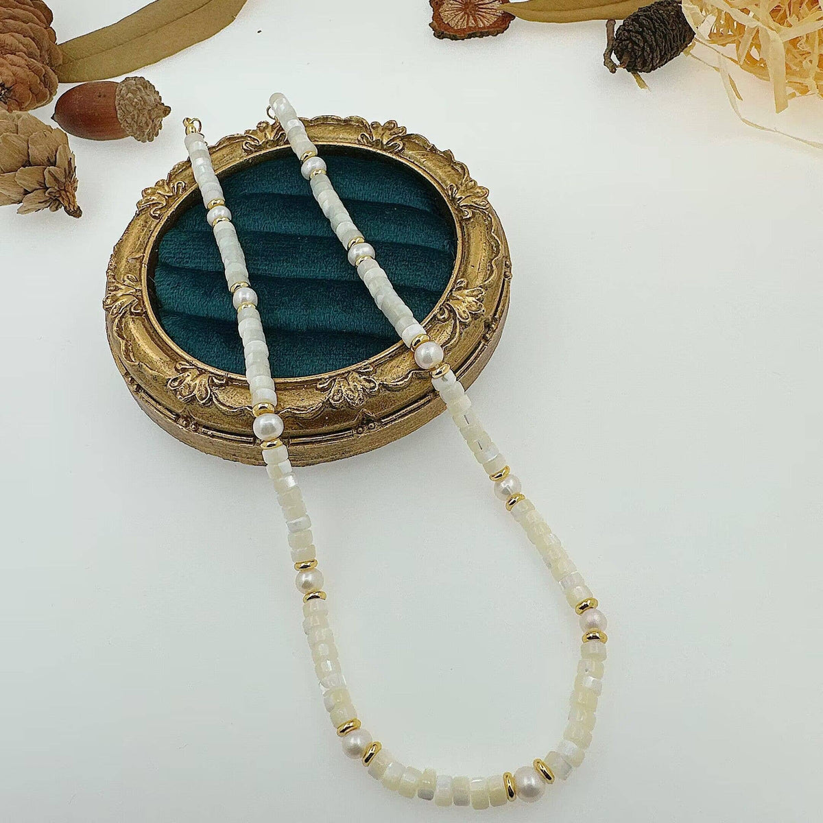 Natural Mother of Pearl Heishi Beads with Gold spacer neckla