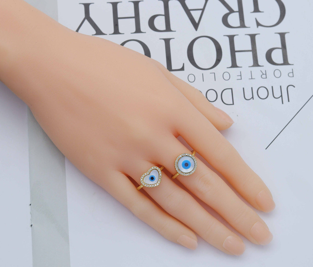 Gold MOP Round/Heart Evil Eye Adjustable Ring, Sku#LD274