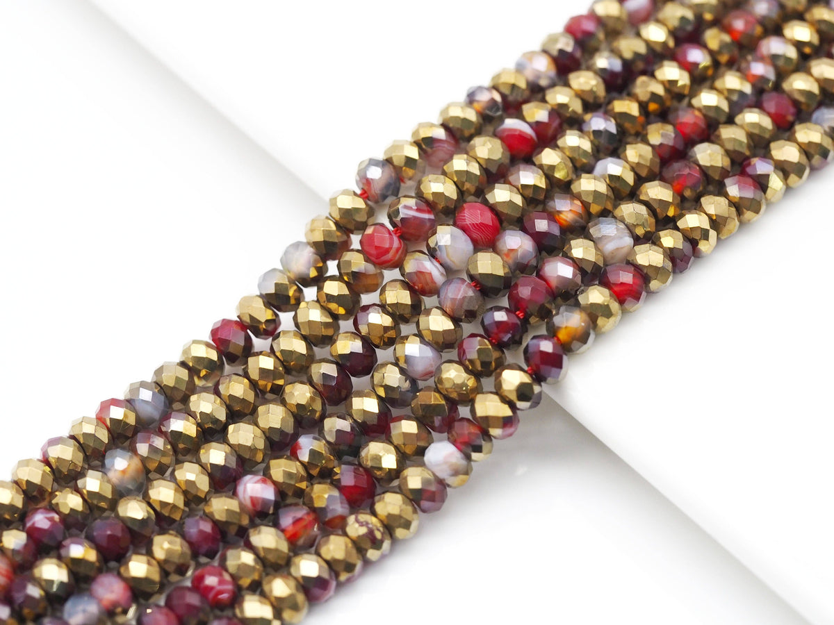 Half Gold Plated Natural Orange Red Banded Agate Rondelle Faceted Beads, Sku#UA274