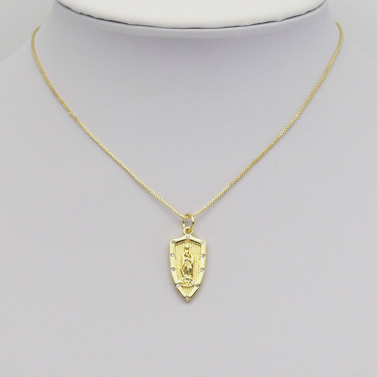 Clear CZ Gold Virgin Mary On Shield Charm, Sku#LX367