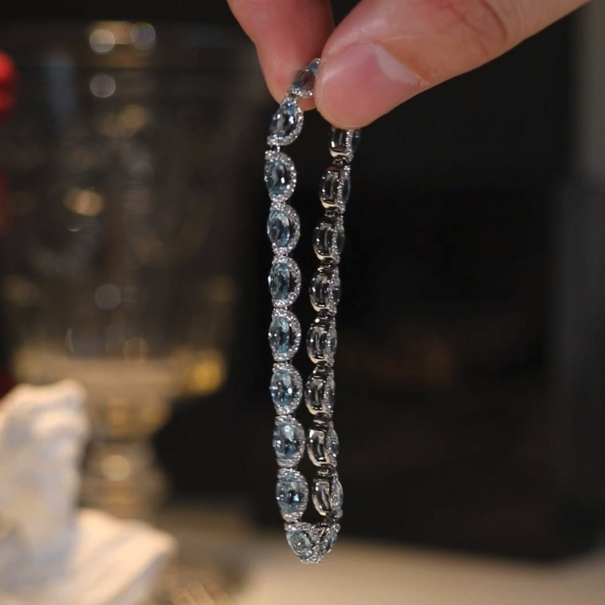 Oval Aquamarine Halo Tennis Bracelet, Luxury Blue Gem Bracelet For Women