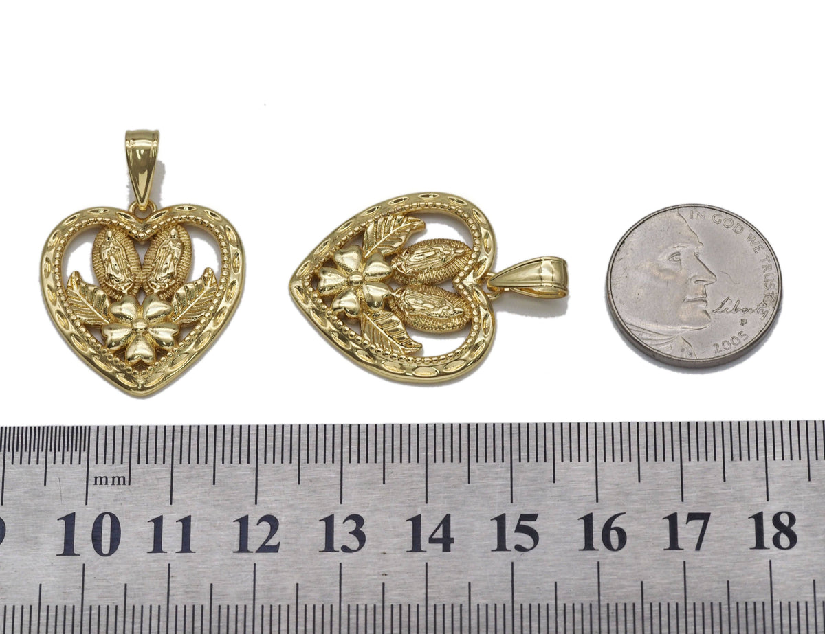 Gold CZ Virgin Mary Baby Jesus Flower Heart Charm, Sku#LK708