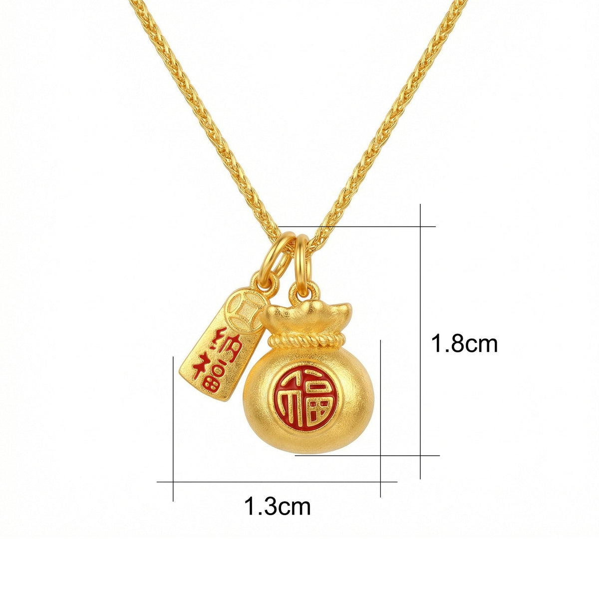 925 Sterling Silver Traditional Fortune Money Bag Necklace with Red Fu Character and Prosperity Tag
