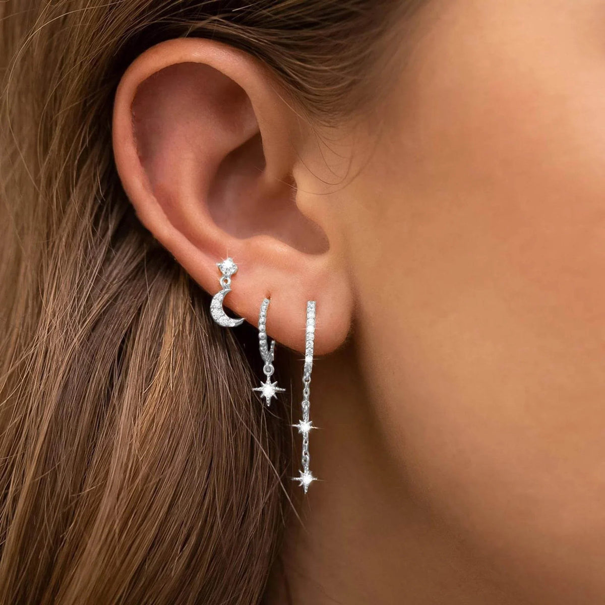 Stacking 3 Pieces Lunar Starlight Glow Earring Set, 18k Gold and White Gold Stud Drop Hoop, S925 Needle, Stacked Lobe Designs with Dazzling Zirconia