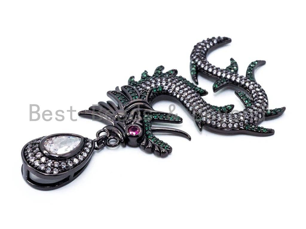 CZ Micro Pave Dragon Pendant, Cubic Zirconia Pendant, Turquoise/Silver/Fuchsia/Violet/Cobalt, 37x70mm, SKU#F318