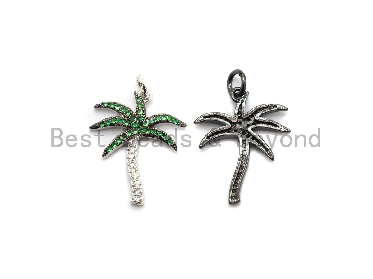Green CZ Micro Pave Coconut Tree Pendant, Palm Tree Pave Pendant, Gold/Rose Gold/Silver/Gunmetal plated, 17x21mm, Sku#F698C