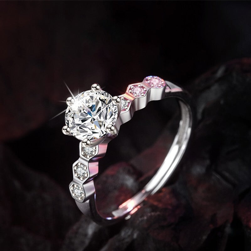 Classic Honeycomb Six-Prong Simulated Diamond Ring, Moissanite Hexagonal Band
