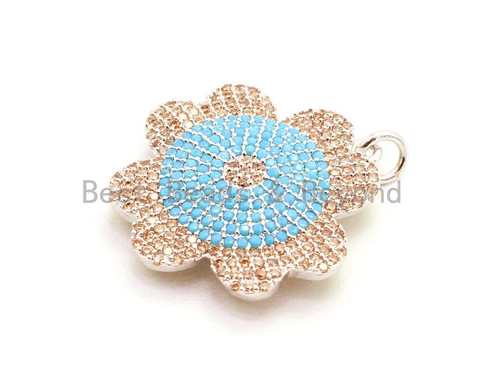 CZ Micro Pave Turquoise Flower Pendant, Cubic Zirconia Pendant, 23mm, SKU#F25C
