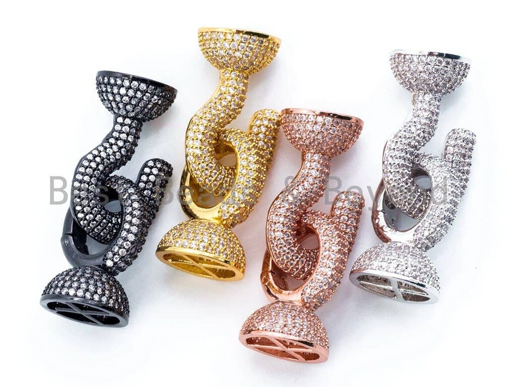 CZ Rhodium Micro Pave Question Mark Shaped Tassel Head/Link Connector, Cubic Zirconia Pendant Connector with Tassel Cap, 41x16mm, sku#K23