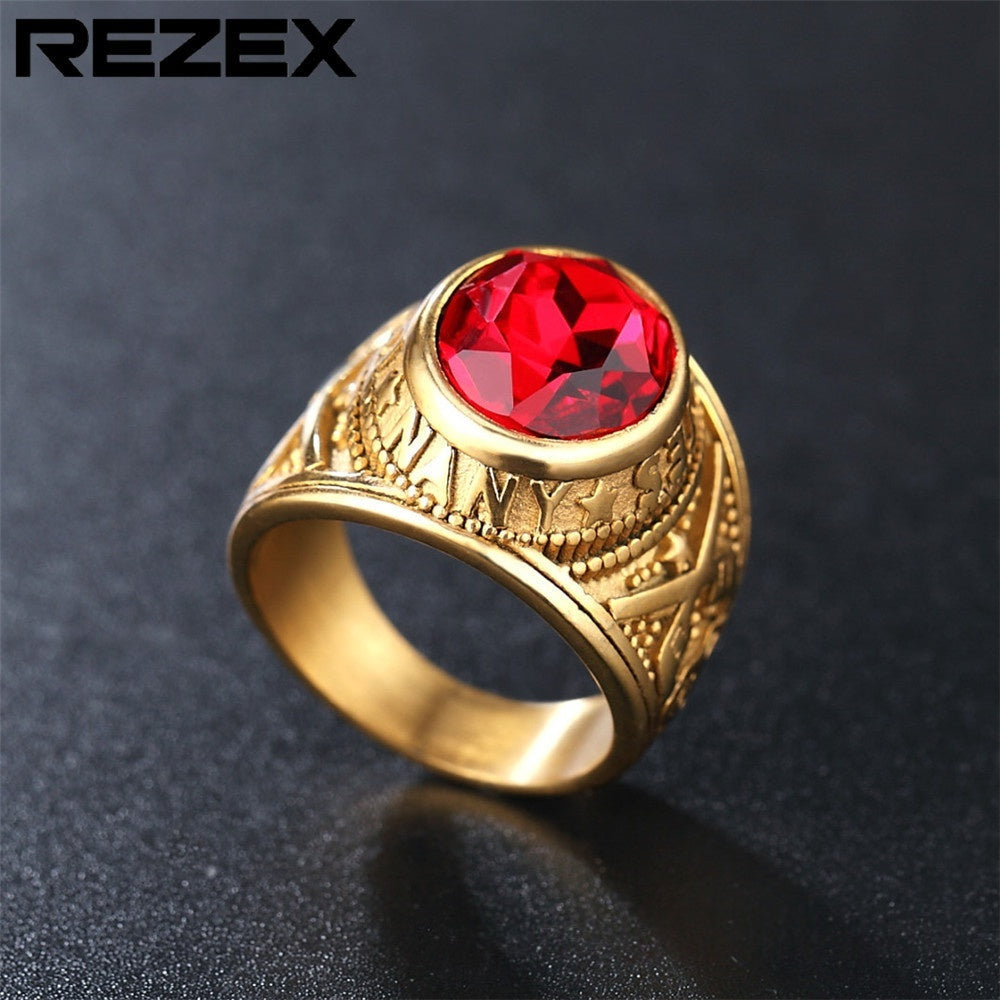 Personalized Punk Gemstone Mens Titanium Steel Military Navy Ring