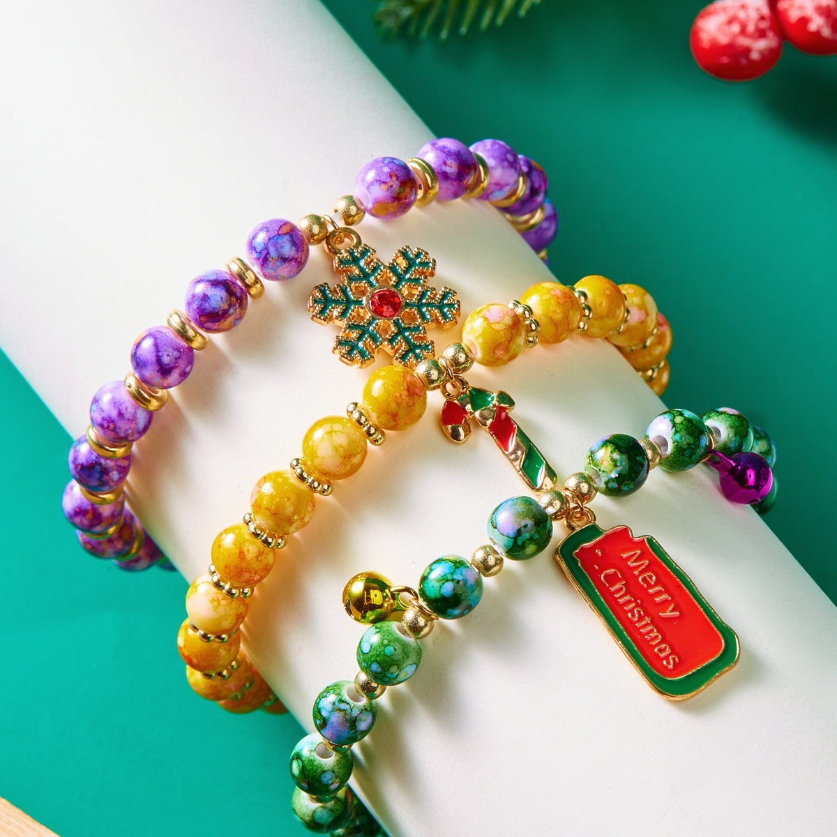 Europe And The United States Cross-border New Bracelet Three Christmas Christmas Tree Old Snowman Beaded Combination Bracelet Women Wholesale
