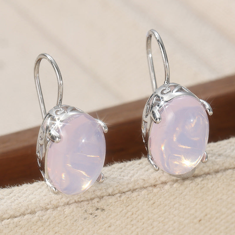Vintage Oval Stone Drop Earrings Silver Tone Brass Women Daily Party Fashion Jewelry Elegant Versatile
