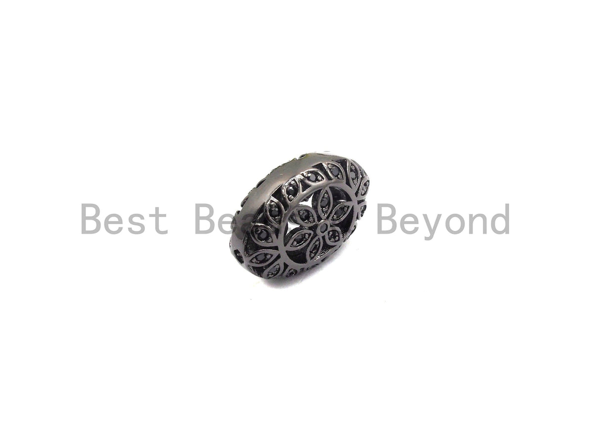 Black CZ Pave On Black  Micro Pave Oval Spacer Beads with Flower Pattern, Black CZ Pave Beads for Bracelet/Necklace, 12x17mm, sku#G416