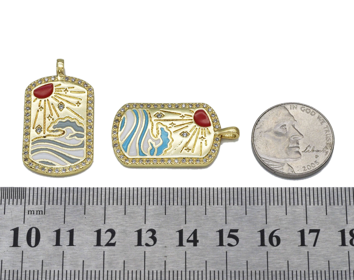 Enamel Sun Rising over the Sea Ocean Waves Tag Charm, Sku#JL146