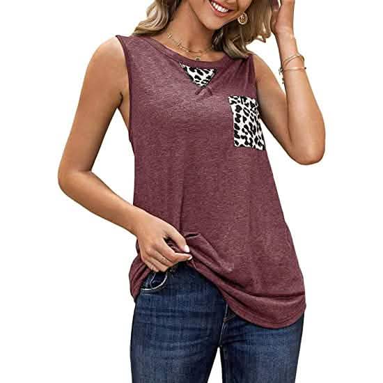 Women's Summer Tank Tops Leopard Pocket Sleeveless Blouse