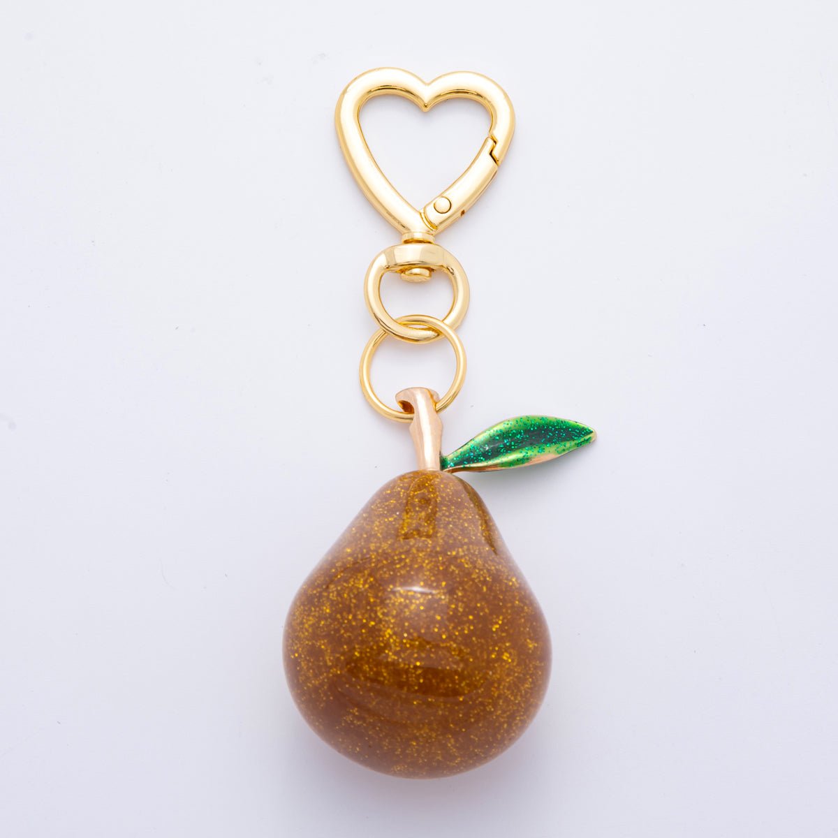 18K Gold Filled Grey, Brown Pear Fruit Glitter Resin Bag Charm Keychain Heart Push Gate Key Ring Accessories | WB-00113 WB-00114