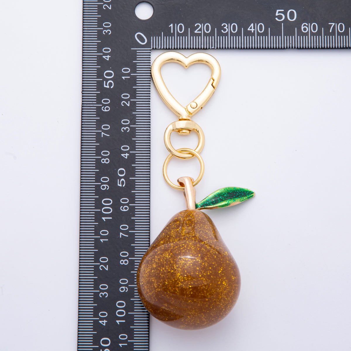 18K Gold Filled Grey, Brown Pear Fruit Glitter Resin Bag Charm Keychain Heart Push Gate Key Ring Accessories | WB-00113 WB-00114