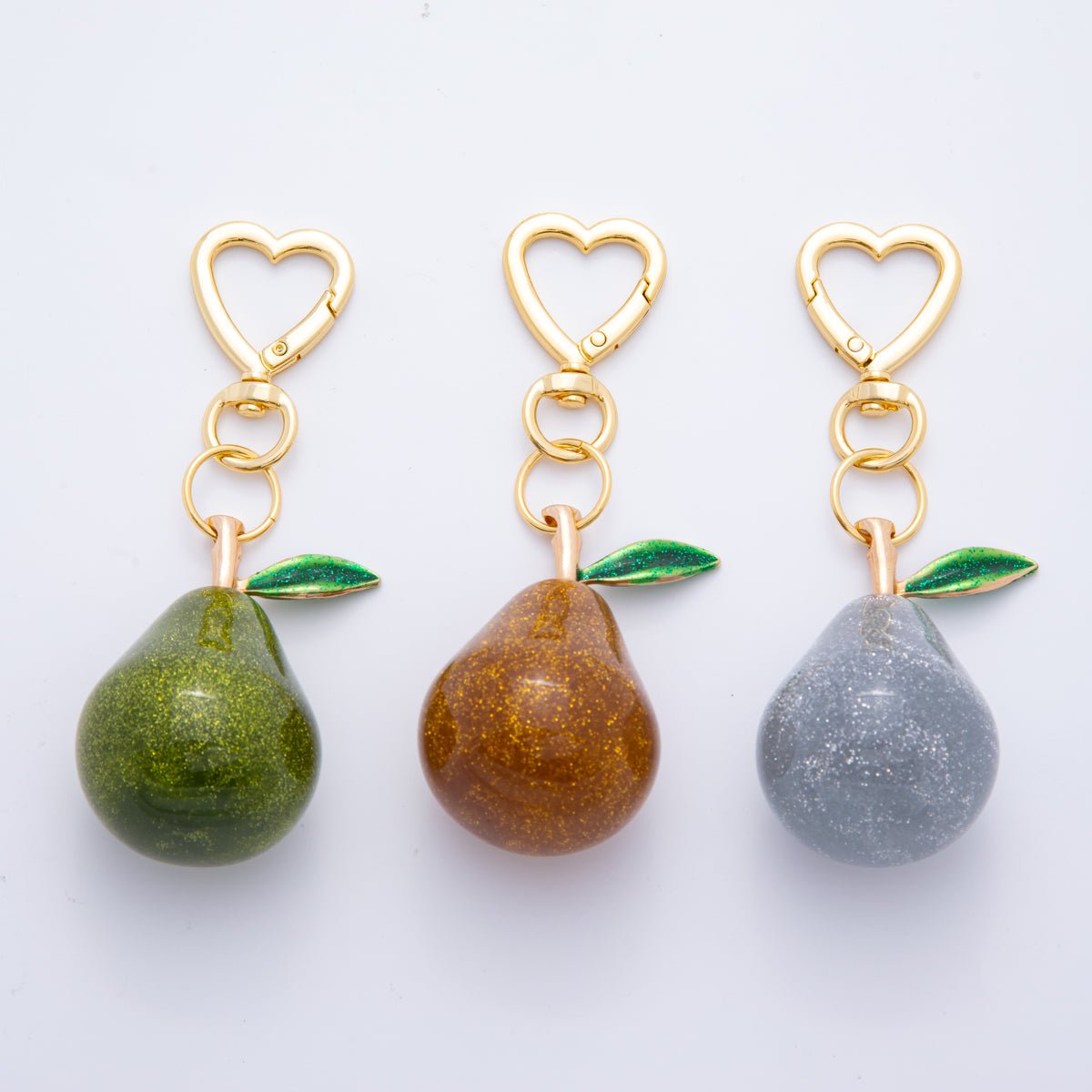 18K Gold Filled Grey, Brown Pear Fruit Glitter Resin Bag Charm Keychain Heart Push Gate Key Ring Accessories | WB-00113 WB-00114