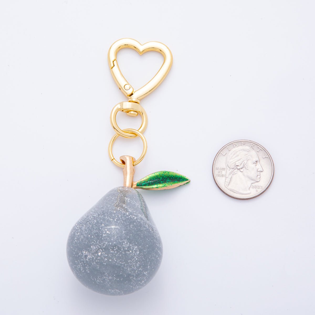 18K Gold Filled Grey, Brown Pear Fruit Glitter Resin Bag Charm Keychain Heart Push Gate Key Ring Accessories | WB-00113 WB-00114