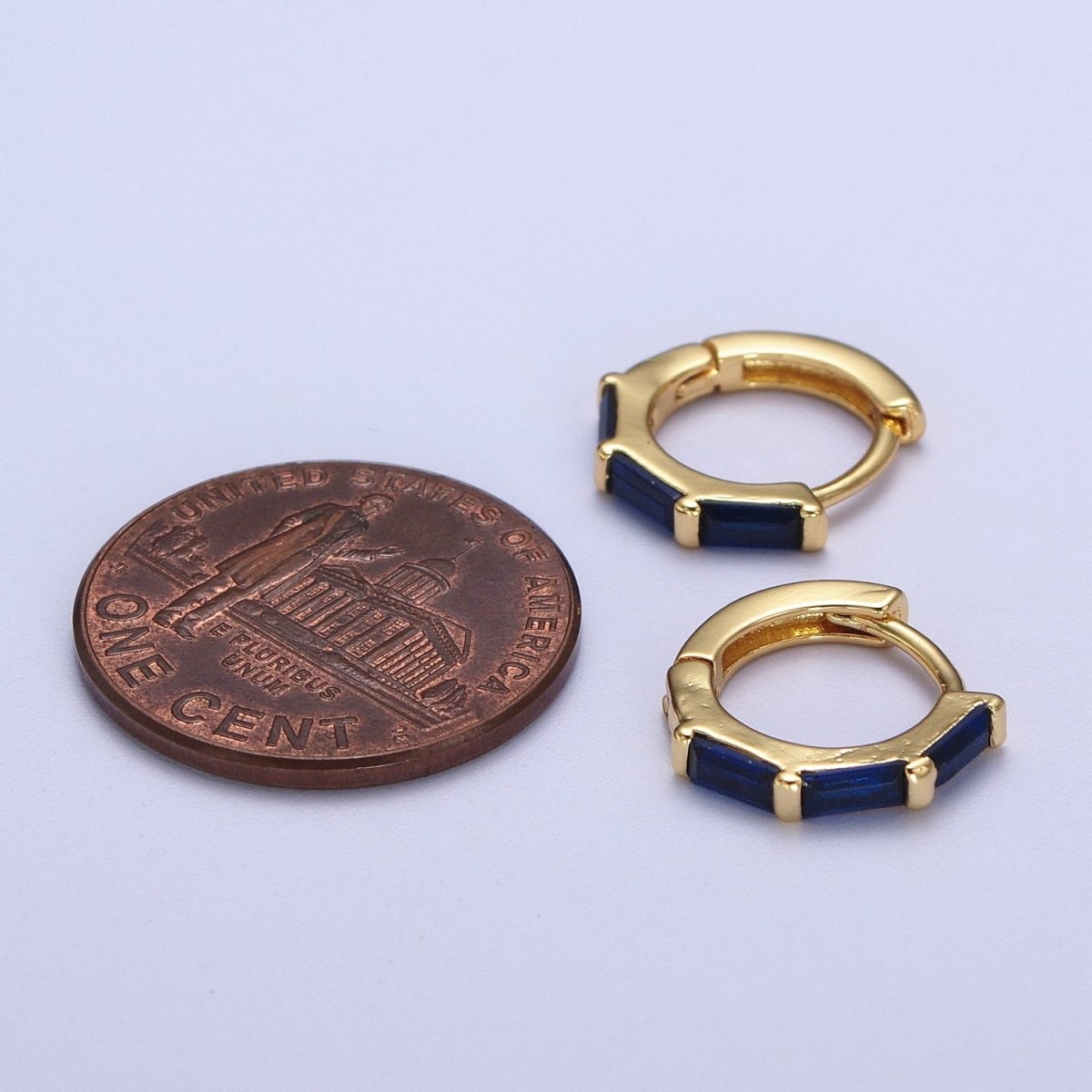 Fuchsia, Blue, Green Baguette Lined 12mm Gold Huggie Hoop Earrings | AD-155 AD-156 AD-173