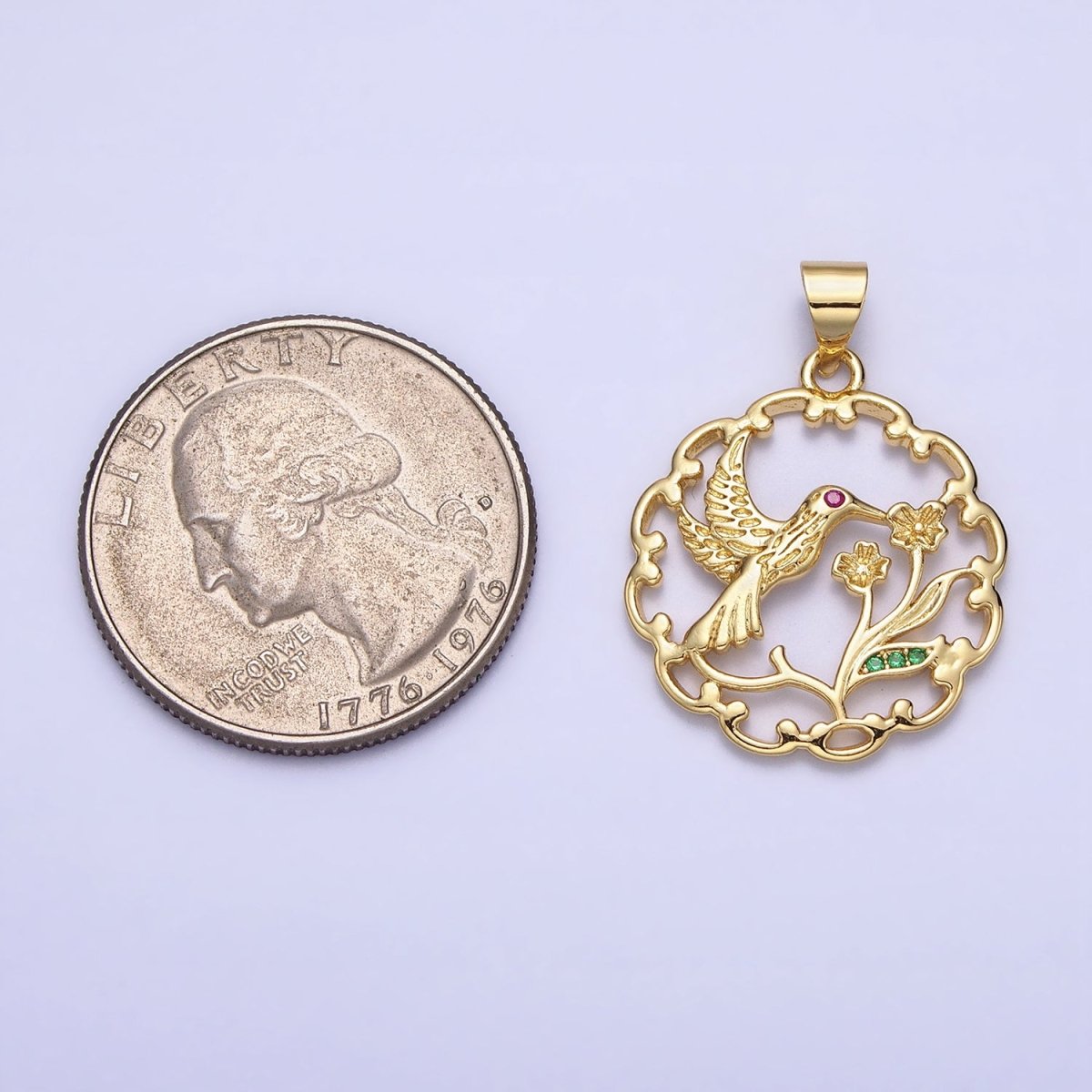 Fuchsia-Eyed Nature Hummingbird & Flower Plant Open Gold Pendant | AA154