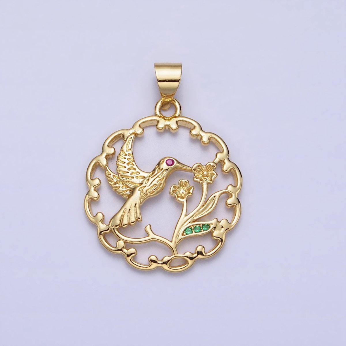 Fuchsia-Eyed Nature Hummingbird & Flower Plant Open Gold Pendant | AA154