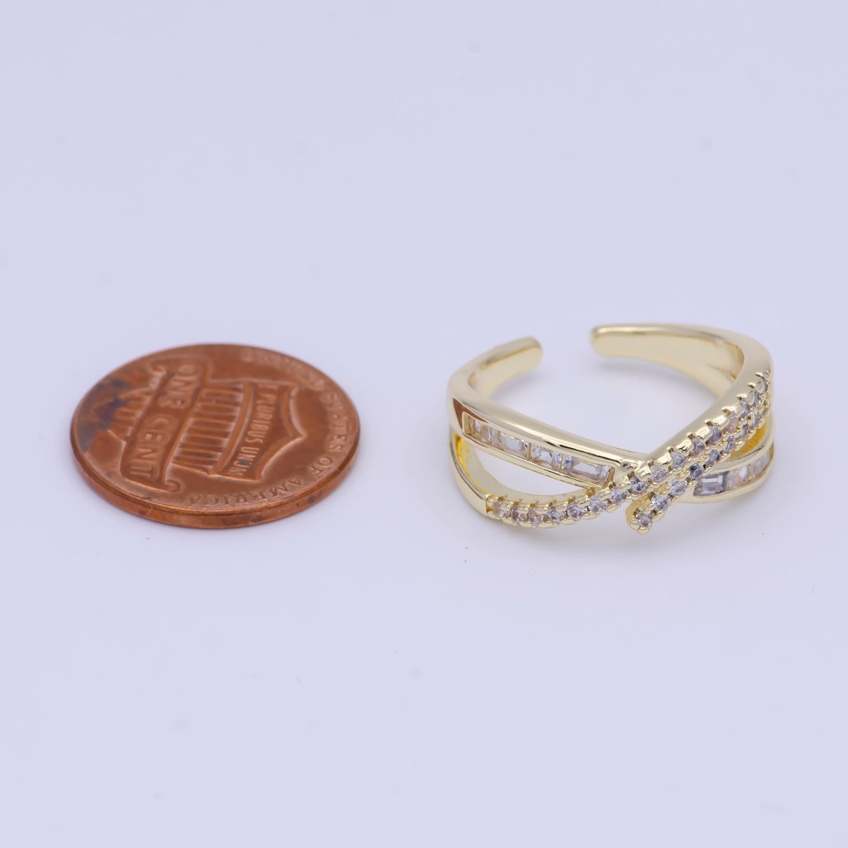 Gold Baguette Micro Paved CZ Gold Knot Double Band Ring | U-284