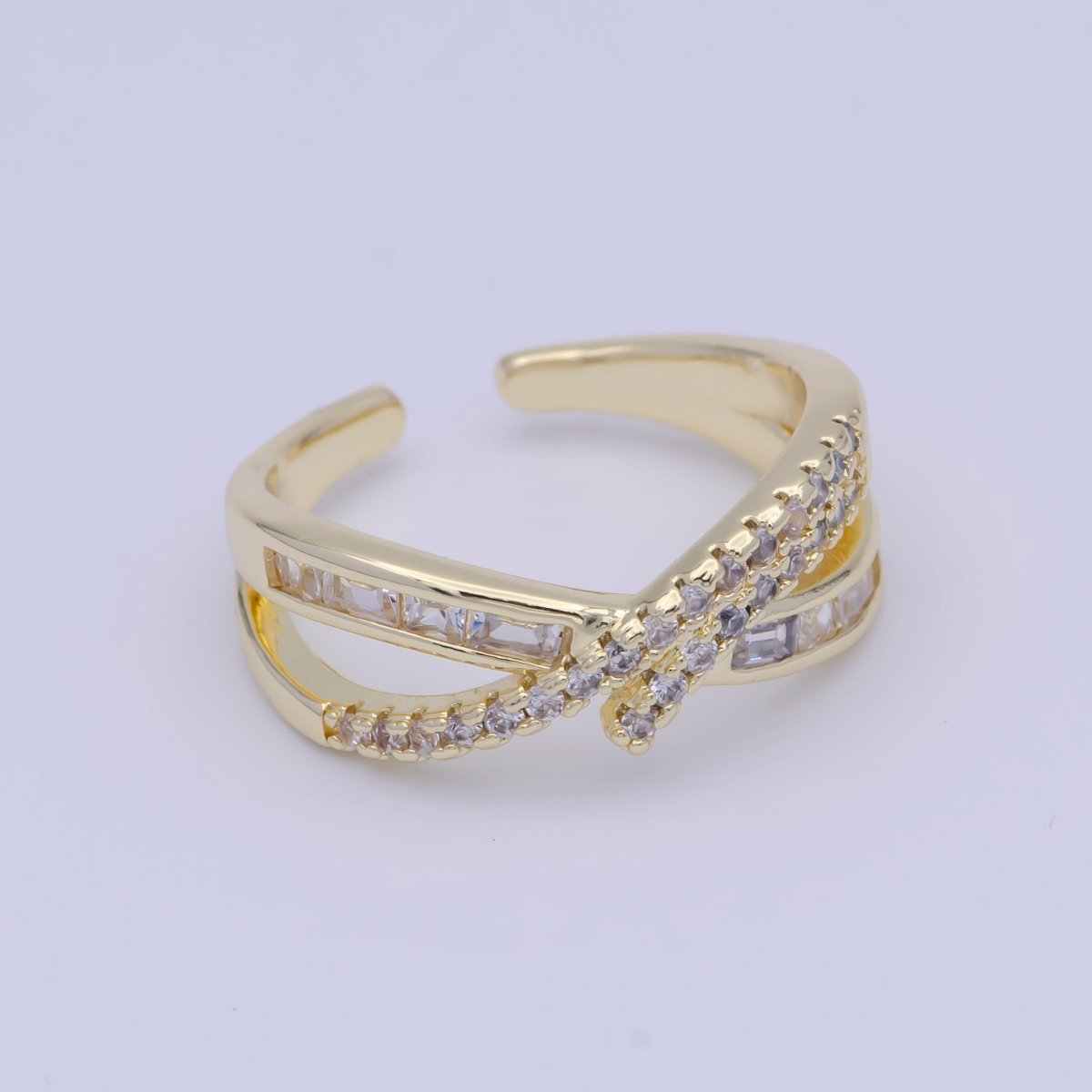 Gold Baguette Micro Paved CZ Gold Knot Double Band Ring | U-284
