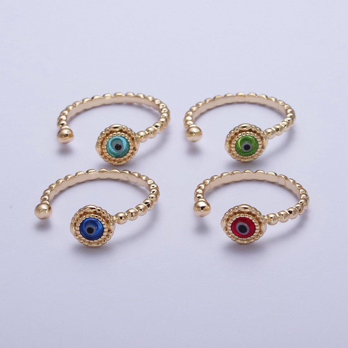 Gold Beaded Evil Eye Green Red Teal Blue Resin Adjustable Ring Protection Jewelry | S-318 S-324 S-339 S-345