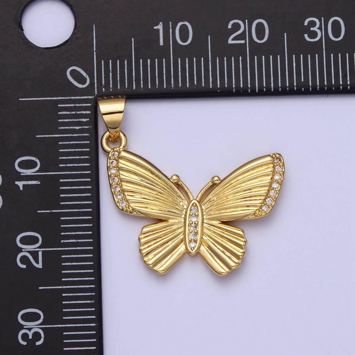 Gold Butterfly Mariposa Textured Sunburst Clear Micro Paved CZ Pendant | AA156