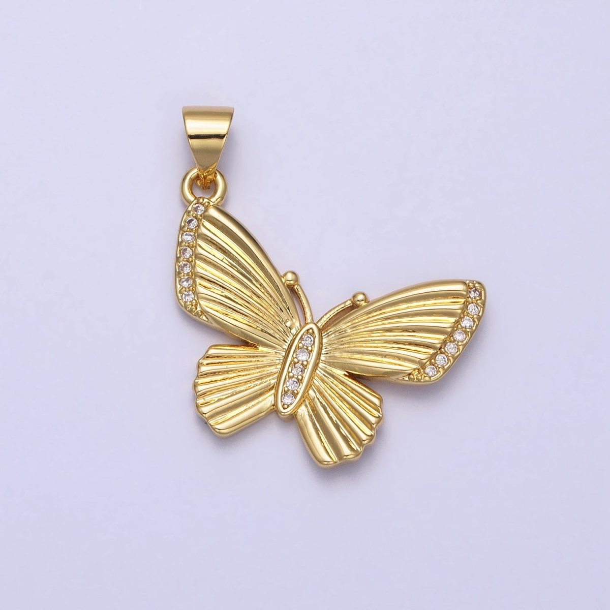 Gold Butterfly Mariposa Textured Sunburst Clear Micro Paved CZ Pendant | AA156