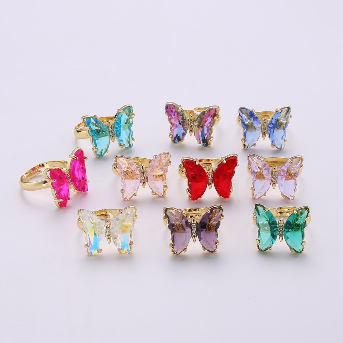 Gold Butterfly Ring Adjustable Ring Colorful Red Pink Purple Green Blue butterfly rings for Valentine Gift Jewelry R-163~R-172