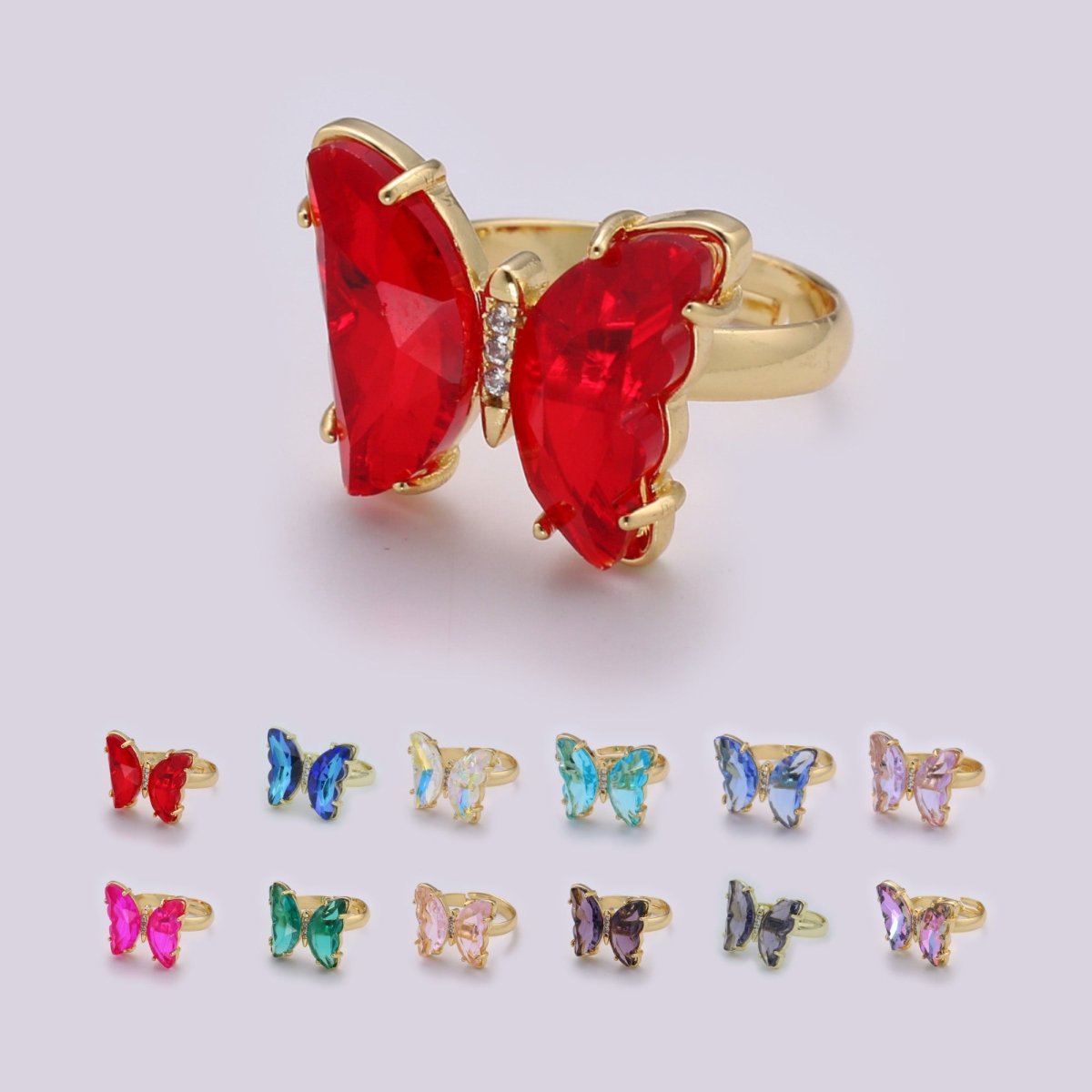 Gold Butterfly Ring Adjustable Ring Colorful Red Pink Purple Green Blue butterfly rings for Valentine Gift Jewelry R-163~R-172