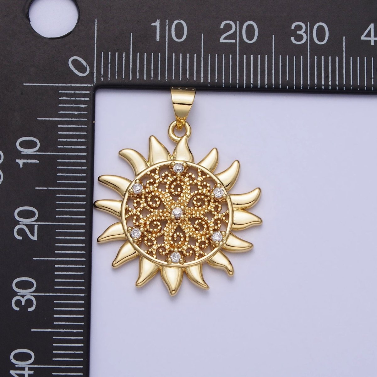 Gold Celestial Shinning Sun Filigree Beaded Clear CZ Pendant | AA157