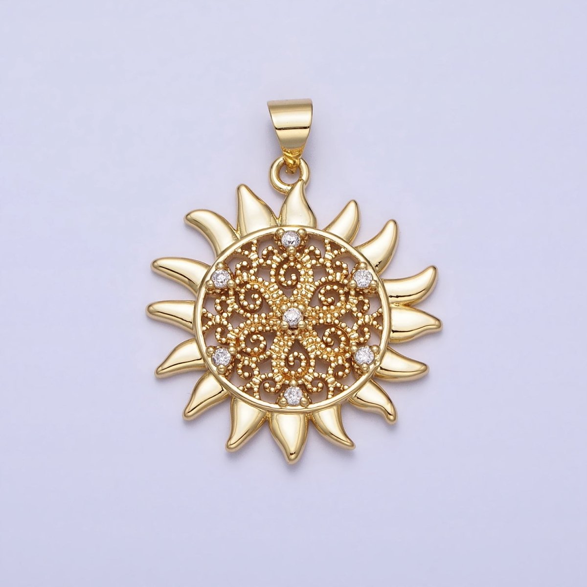 Gold Celestial Shinning Sun Filigree Beaded Clear CZ Pendant | AA157