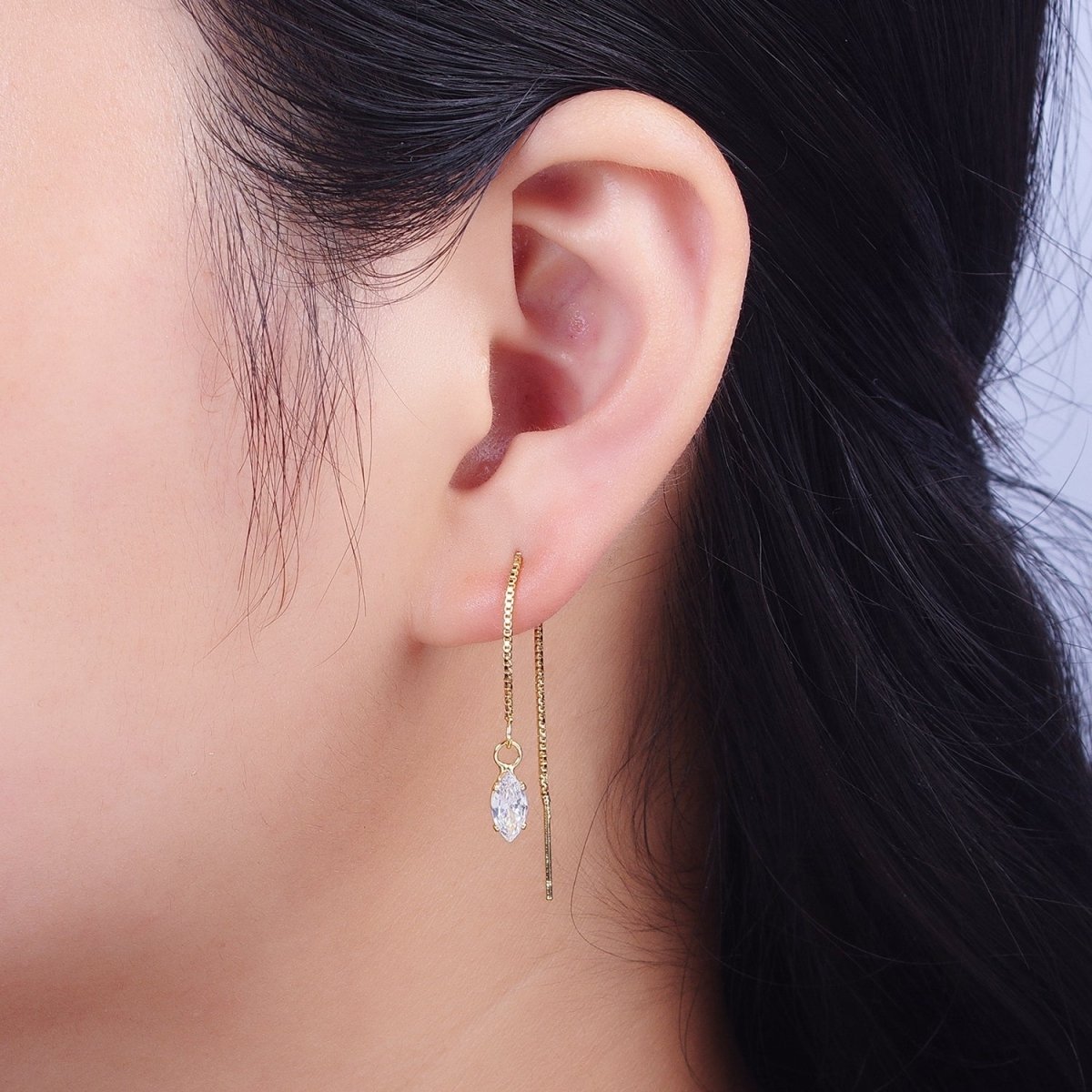 Gold Clear Marquise Cubic Zirconia Box Chain Threader Womens Earrings | AE1016