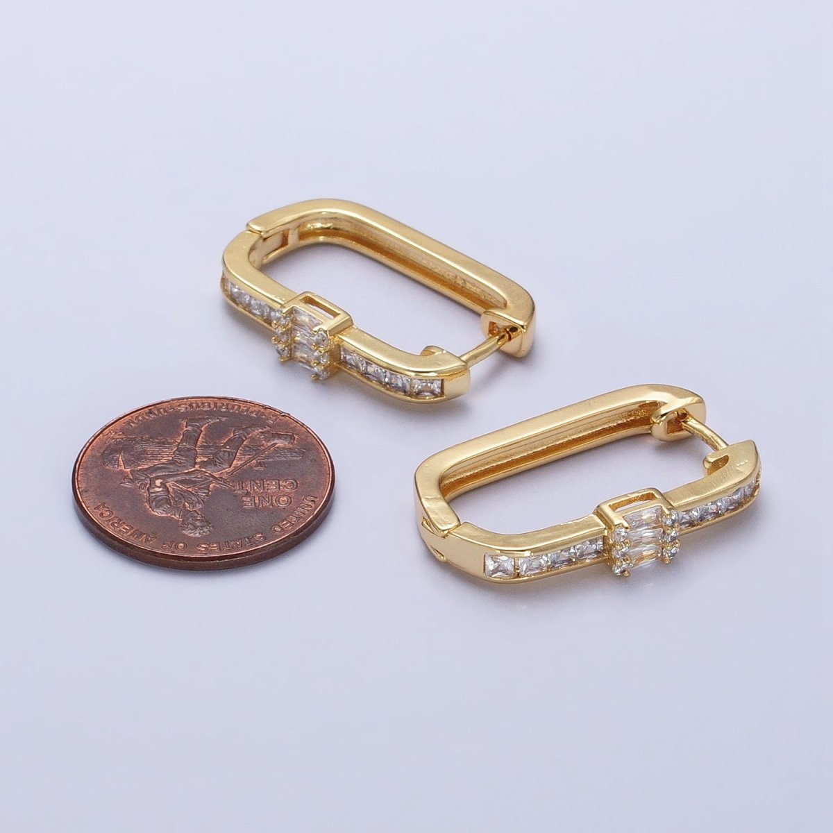 Gold Clear Round Baguette CZ Lined Oblong U-Shaped Hoop Earrings | AB375