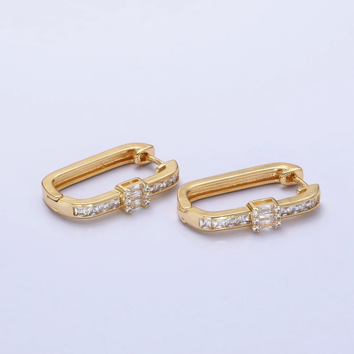 Gold Clear Round Baguette CZ Lined Oblong U-Shaped Hoop Earrings | AB375