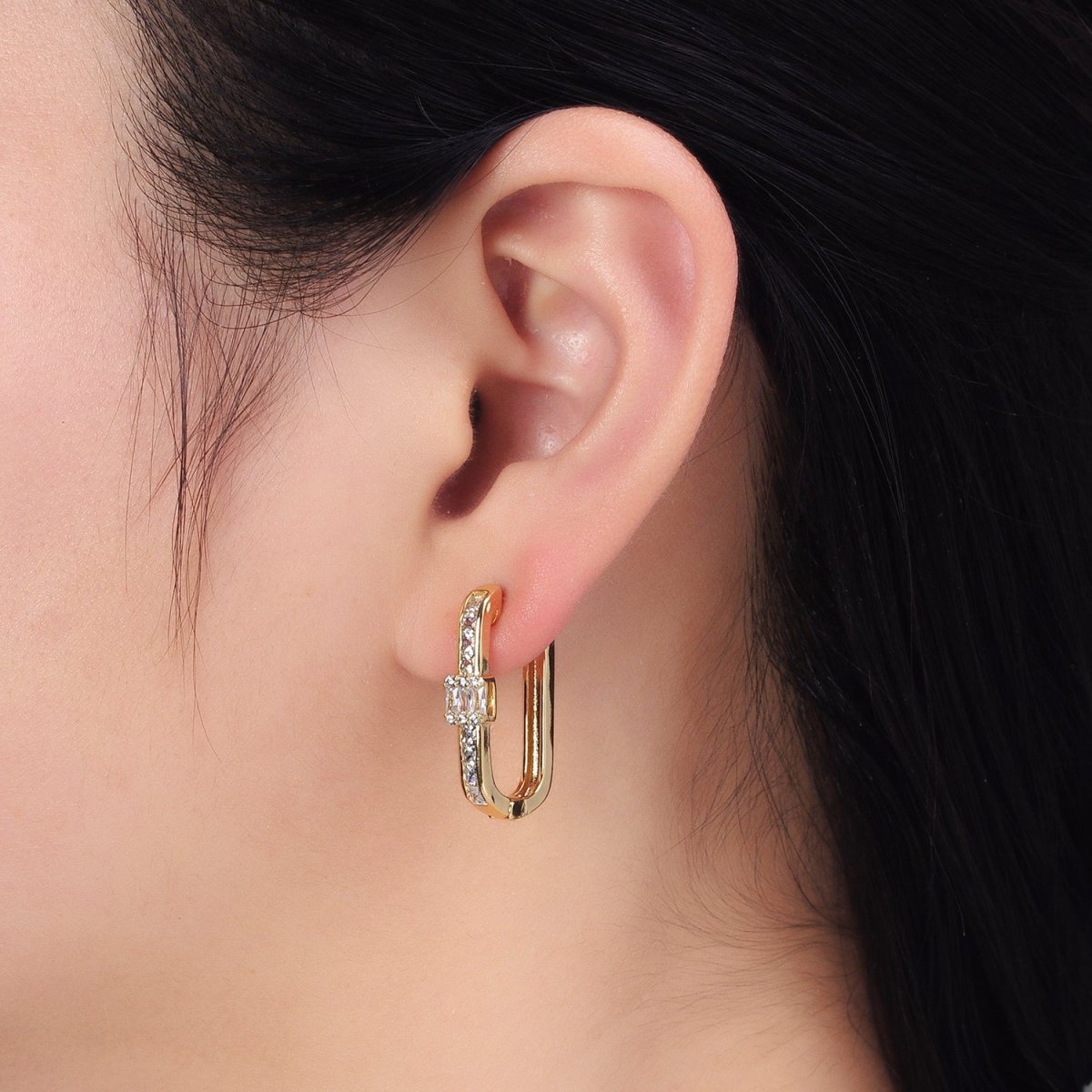 Gold Clear Round Baguette CZ Lined Oblong U-Shaped Hoop Earrings | AB375