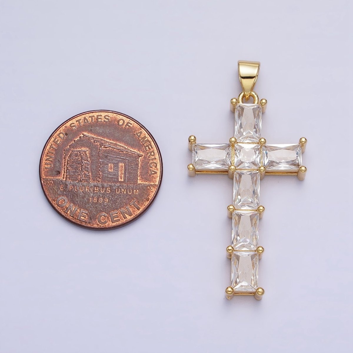 Gold Cross Pendant with Emerald Cut CZ Diamond for Religious Jewelry Charm AA255