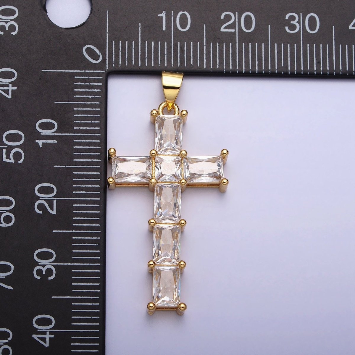 Gold Cross Pendant with Emerald Cut CZ Diamond for Religious Jewelry Charm AA255