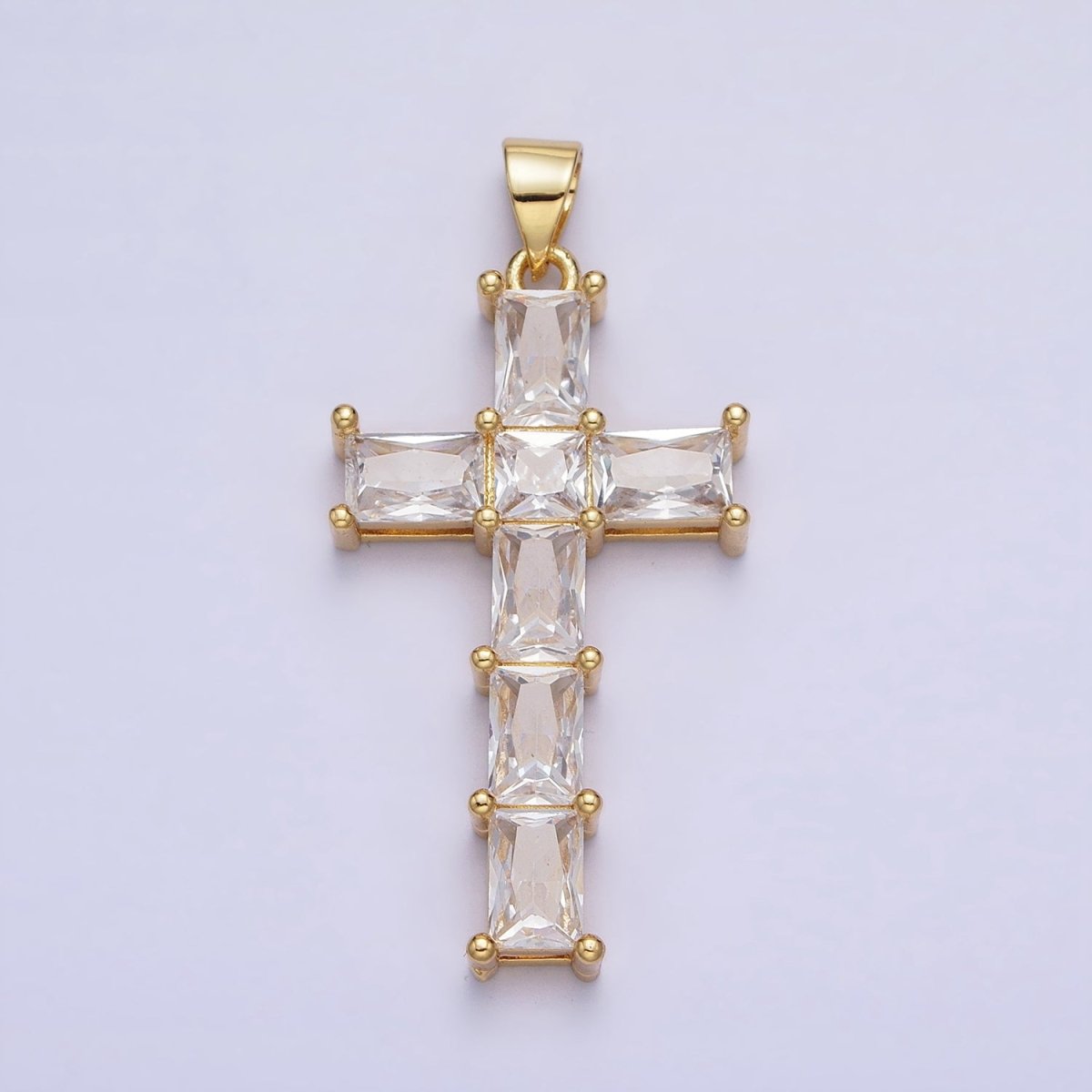 Gold Cross Pendant with Emerald Cut CZ Diamond for Religious Jewelry Charm AA255